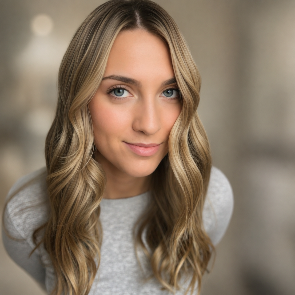 Close-up portrait of a young woman with long, wavy blonde hair and blue eyes, wearing a light gray top, smiling softly.