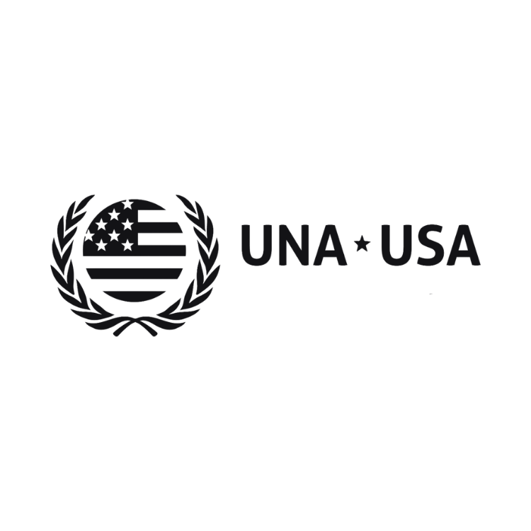 Black and white logo with a globe wrapped in laurel leaves on the left, and the text "UNA*USA" on the right.