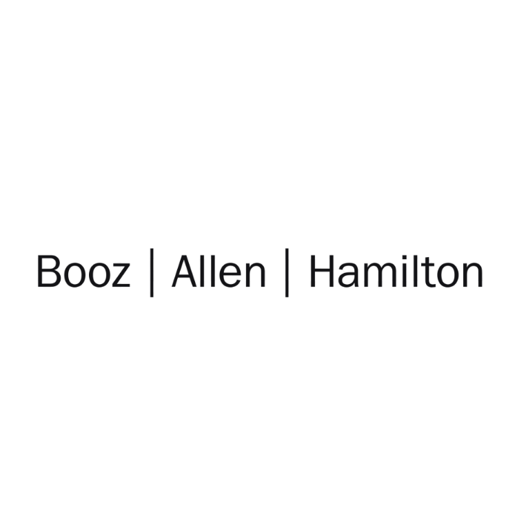 Black and white logo with a simple square frame and the names 'Booz', 'Allen', and 'Hamilton' separated by vertical lines.