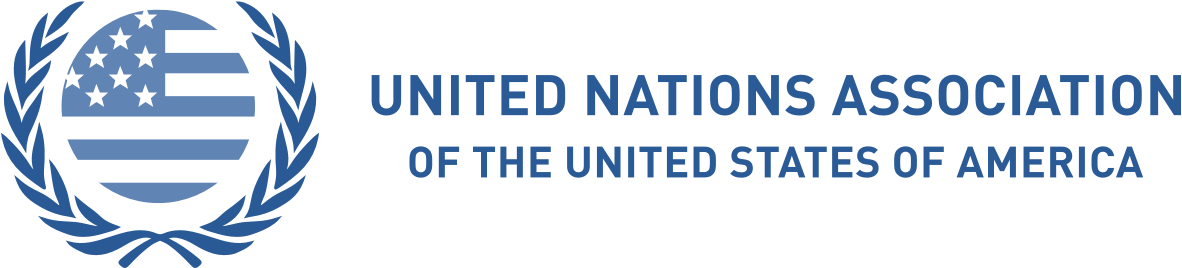 United Nations Association of the United States of America logo with a stylized globe and laurel wreath, and text in blue.