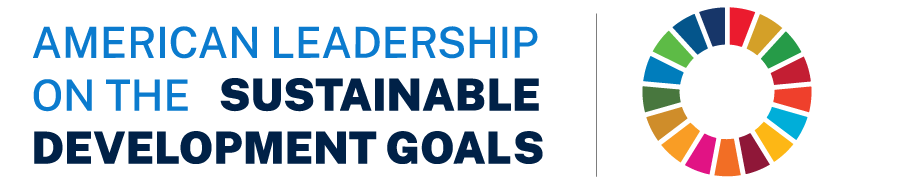 Text reading 'American Leadership on the Sustainable Development Goals' with a multicolored circular icon representing the SDG wheel.