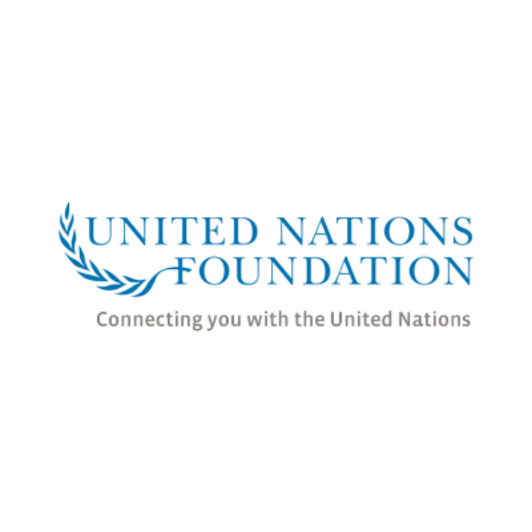 Logo of the United Nations Foundation, featuring the United Nations emblem with a world map surrounded by olive branches, and the foundation's name in blue text.