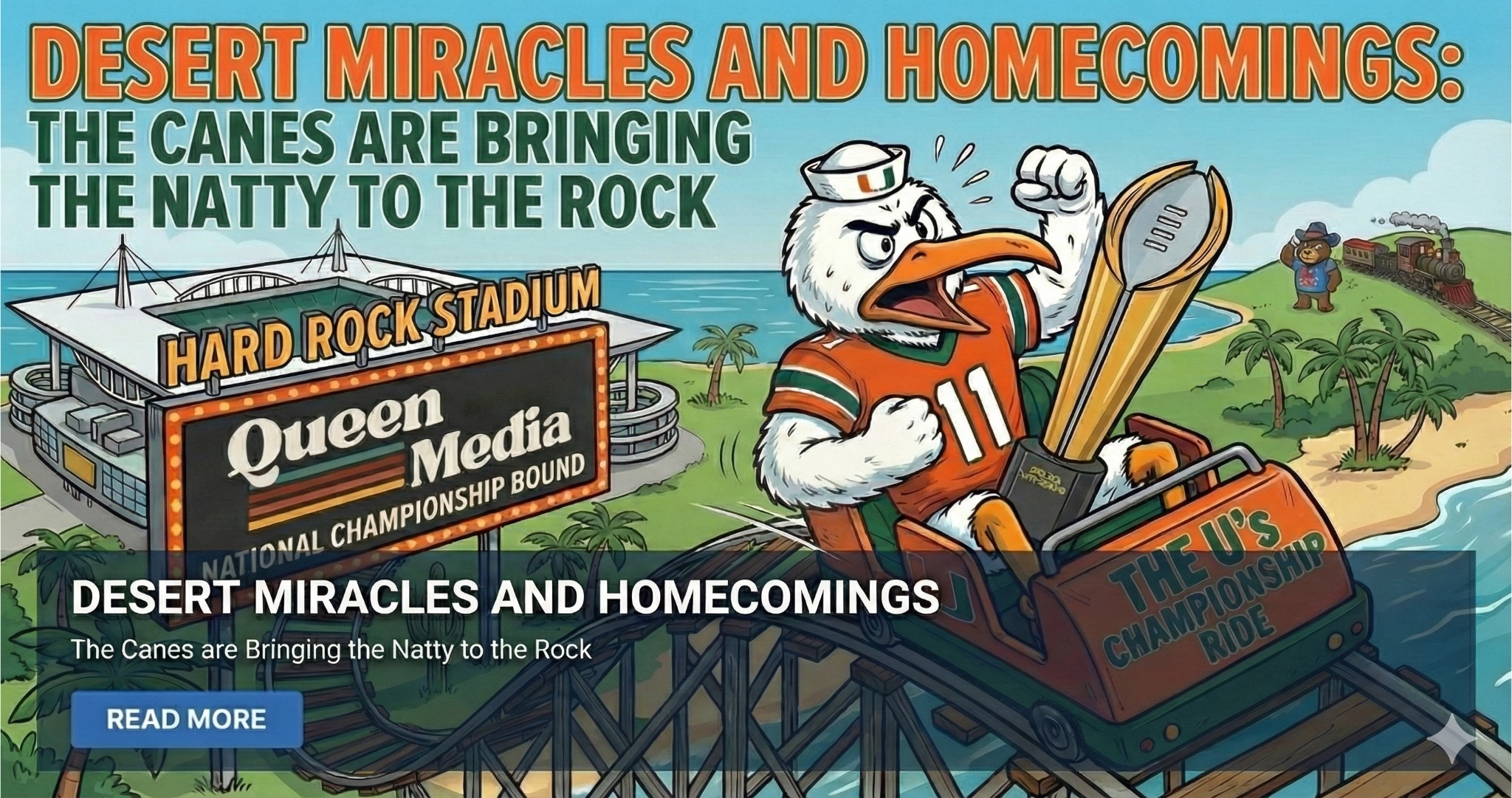 Cartoon eagle wearing a football jersey holding a trophy while riding a roller coaster at an amusement park, with a large stadium and a train in background.