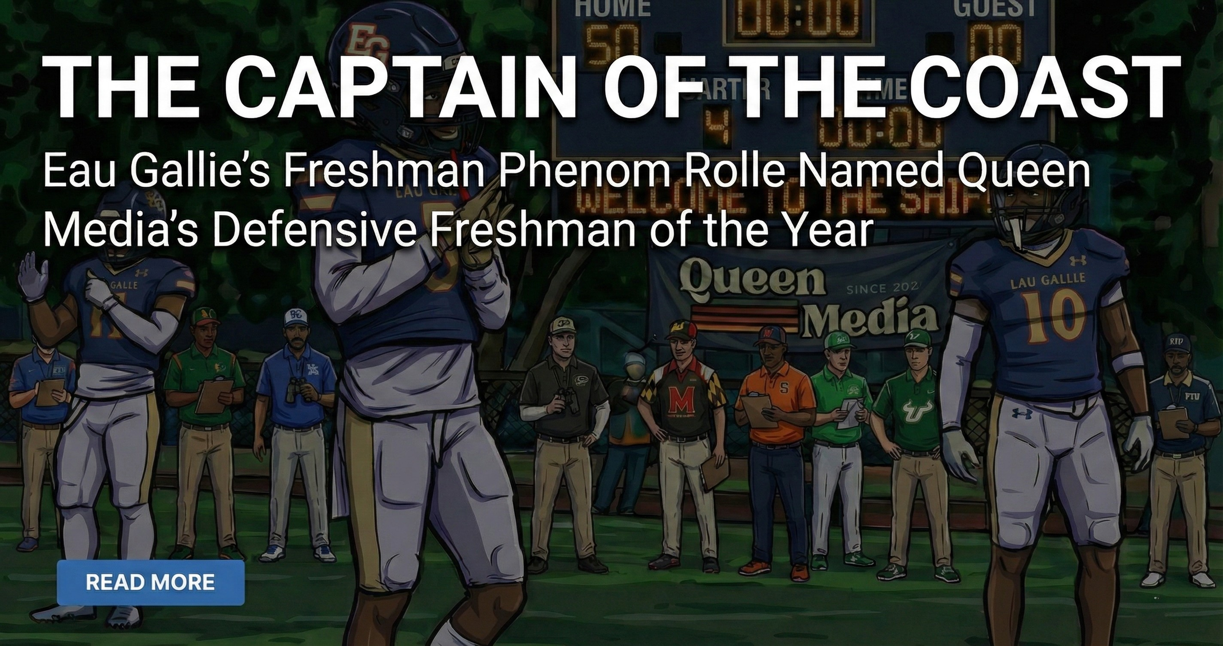 Illustration of a football game with players on the field and officials, with a scoreboard in the background. Overlay text highlights a story about Eau Gallie's football team and media coverage.