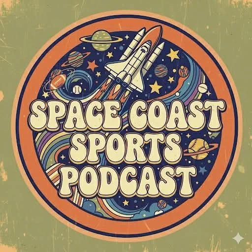 Circular logo for Space Coast Sports Podcast featuring a spaceship, planets, stars, and space-themed elements.