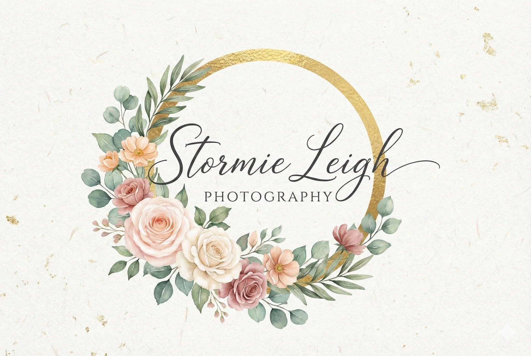 A floral logo for Stormie Leigh Photography featuring a circular arrangement of pink and white roses, green eucalyptus leaves, and small peach-colored flowers, with the name in elegant black script and "Photography" in uppercase letters.