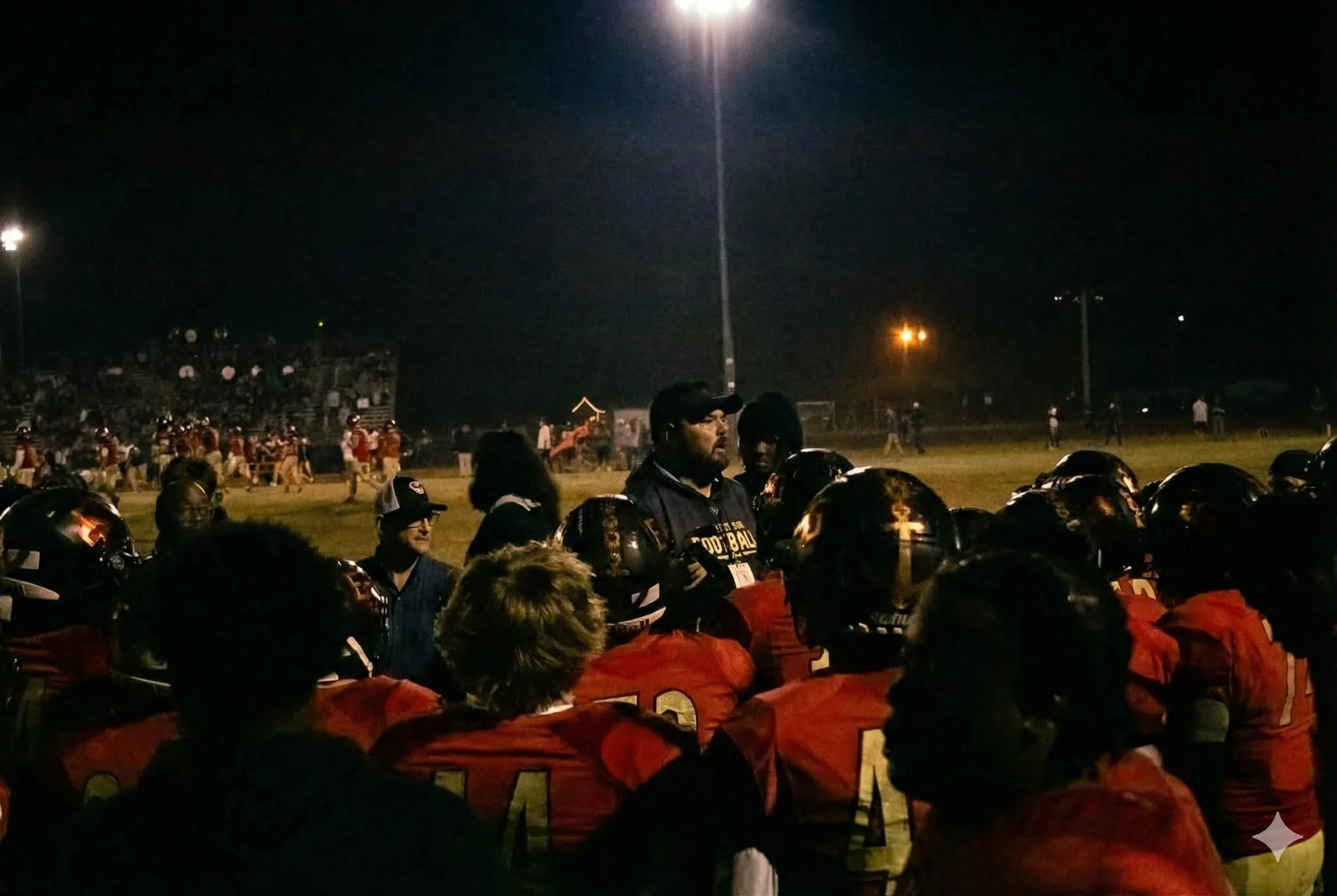A group of football players in red uniforms and black helmets gathered on a field at night, with a coach or team leader speaking to them, illuminated by stadium lights.