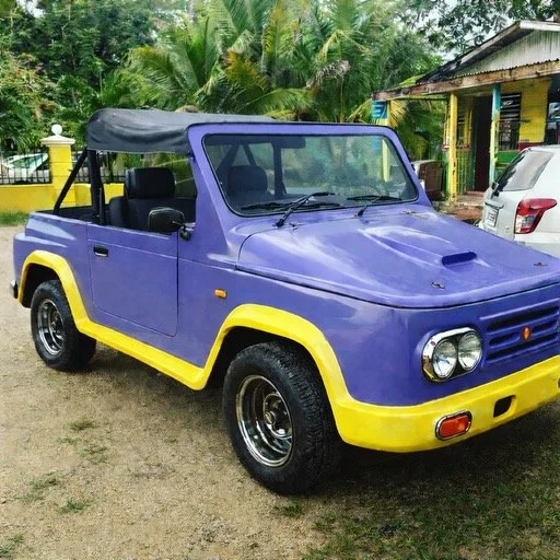 A vibrant purple cruiser parked off of the beach road in Negril