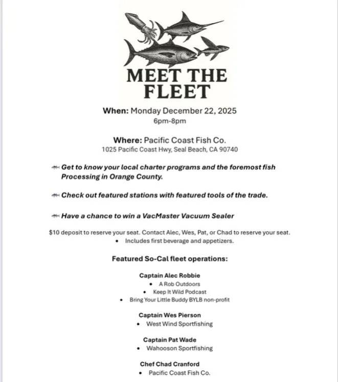 Tomorrow night, December, 22 2025, @a_rob_outdoors @wahoo_son and myself will be hanging out and talking shop at @pacificcoastfishco in seal beach. 

$10 deposit includes an awesome sushi spread, provided by @pacificcoastfishco, and your first drink!