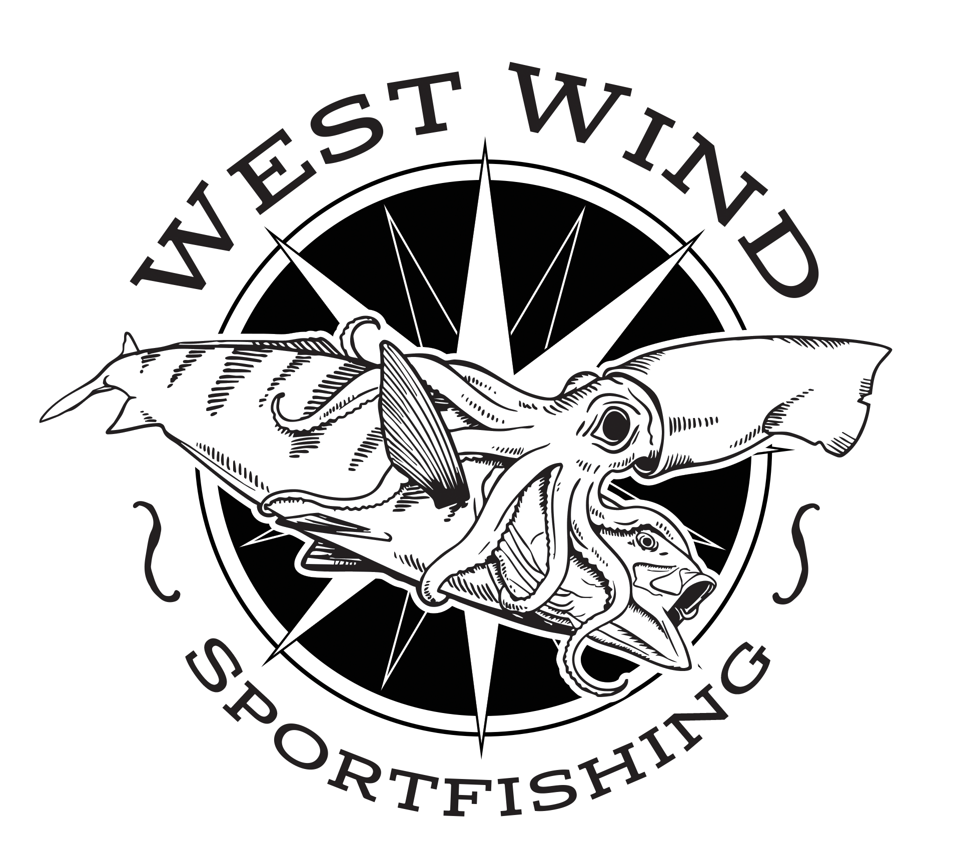 West Wind Sportfishing logo - white seabass and a squid