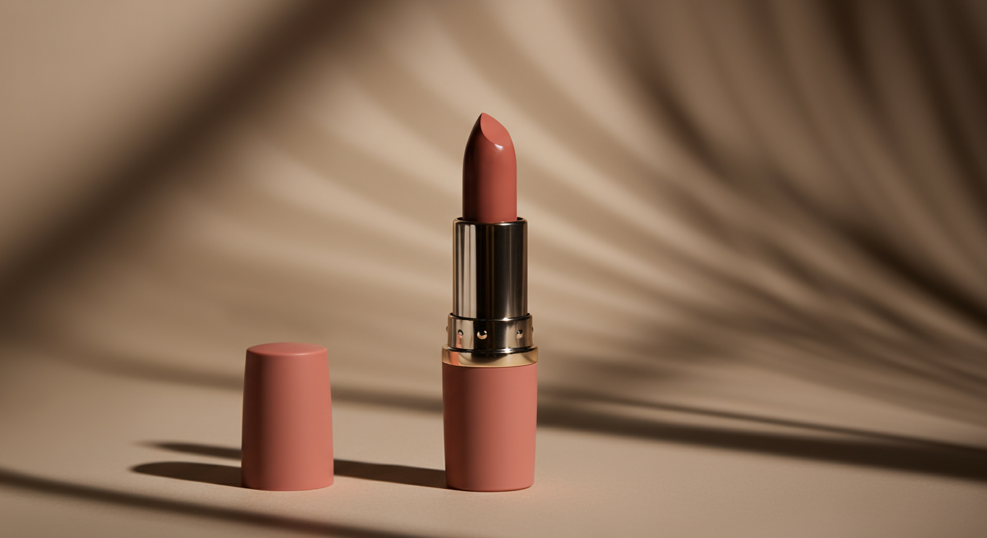 A pink lipstick with its cap off, standing upright, casting a shadow on a beige surface with a blurred striped background.