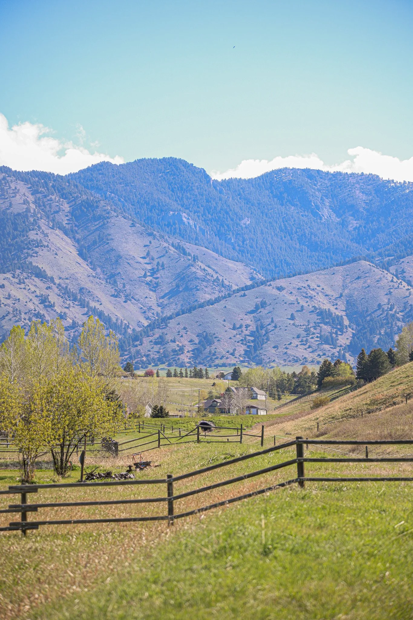 Scenic view of a rural landscape with rolling hills, scattered trees, a few houses, and a mountain range in the background under a blue sky with some clouds.