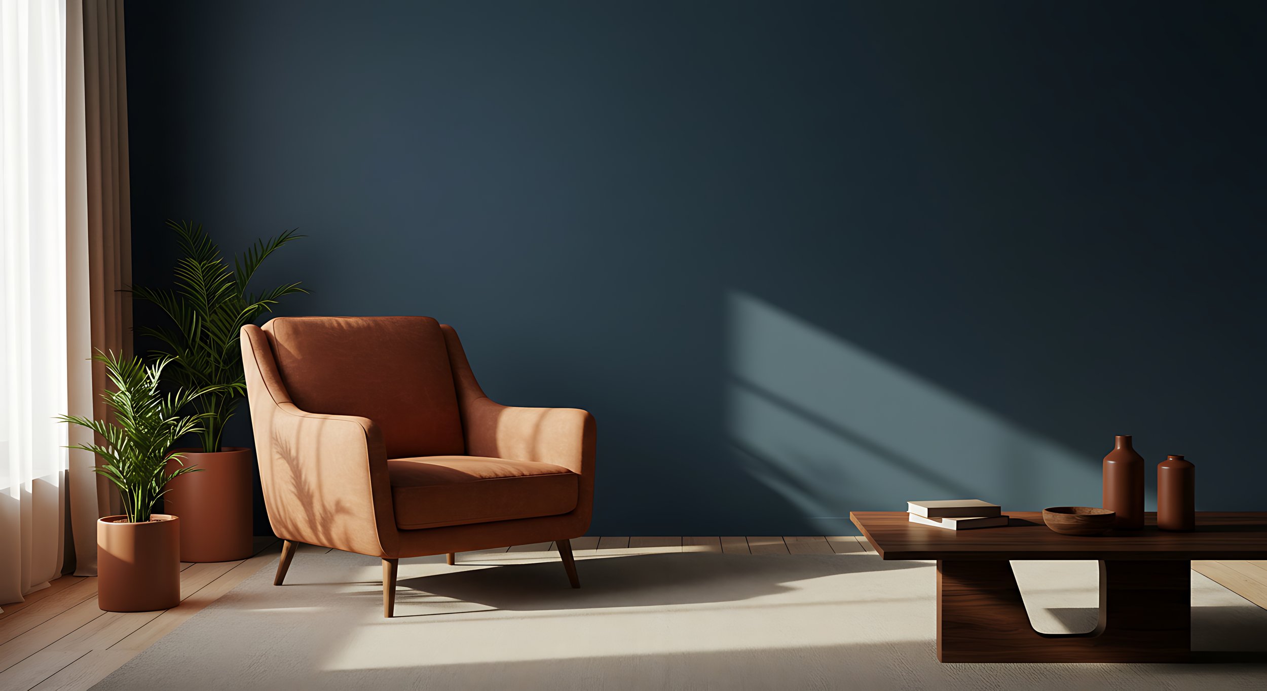 Living room with a brown armchair, two potted plants, and a wooden coffee table against a dark blue wall with sunlight streaming in.
