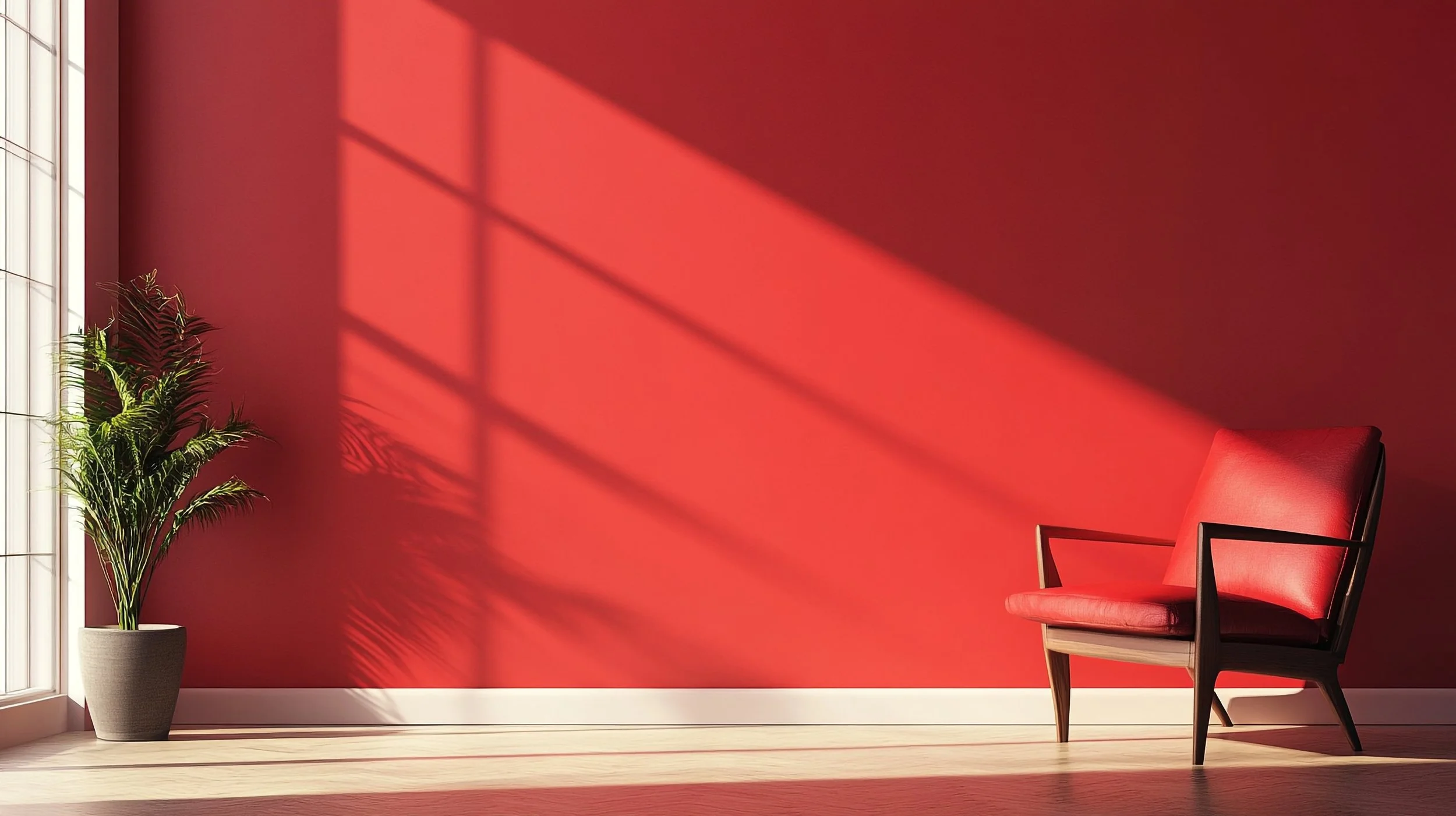 A red chair with wooden arms and legs and a matching cushion sits on a wooden floor next to a red wall. Sunlight creates a shadow of a window with panes on the wall, and a potted green plant is placed near the window on the left.