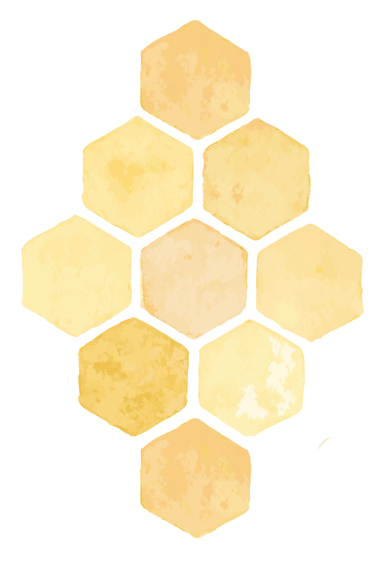 A cluster of hexagonal honeycomb cells, some filled with honey, painted in shades of yellow and gold.