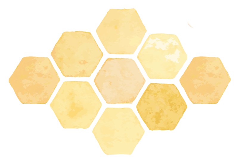A digital illustration of honeycomb with nine hexagonal cells in shades of yellow and light orange.