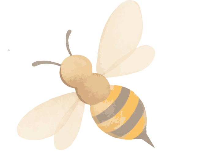 Illustration of a bee with yellow and black striped abdomen, light-colored wings, and antennae.