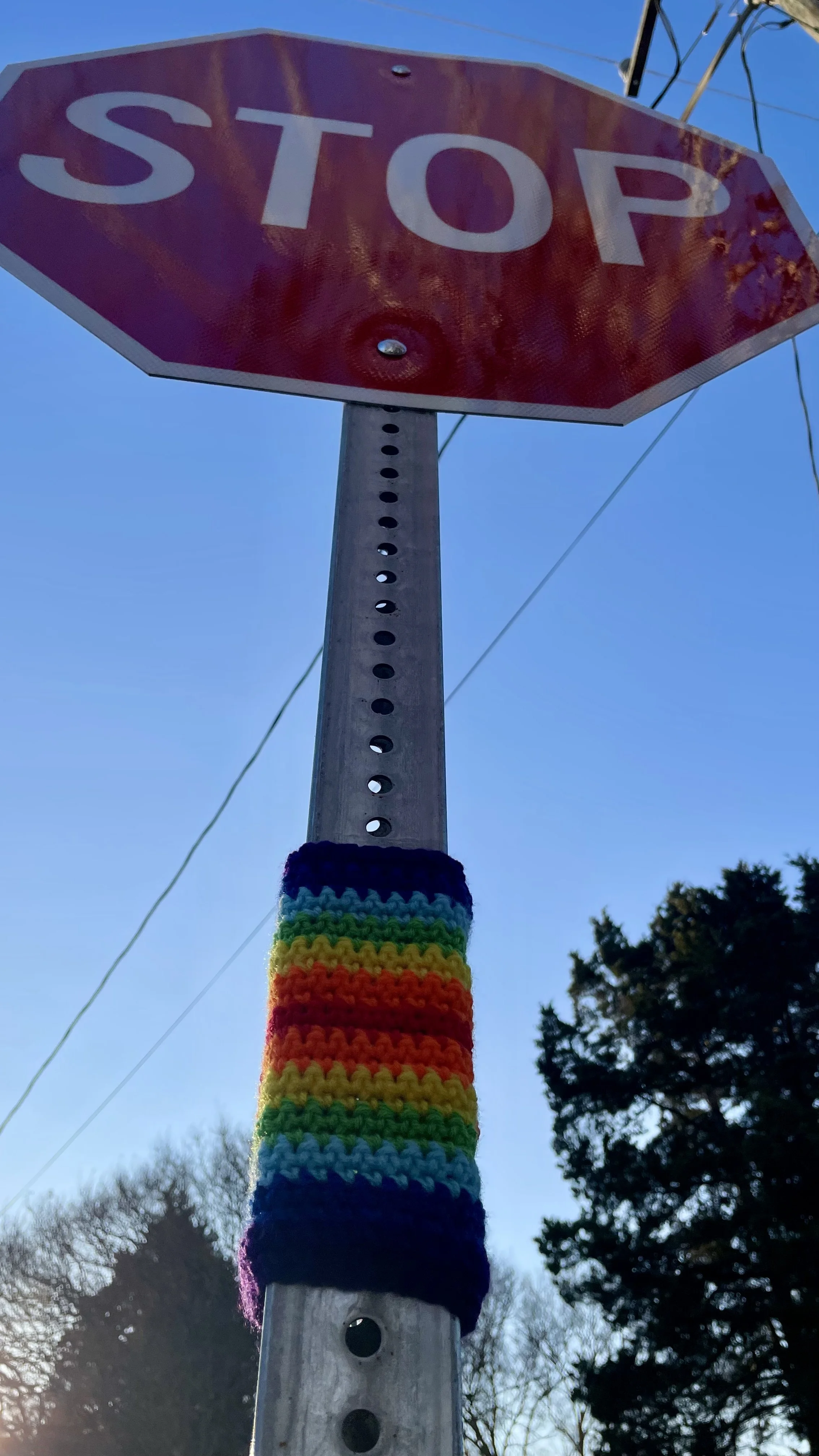 A red stop sign attached to a metal pole with a colorful rainbow knit sweater wrapped around it, outdoors under a blue sky with trees in the background.