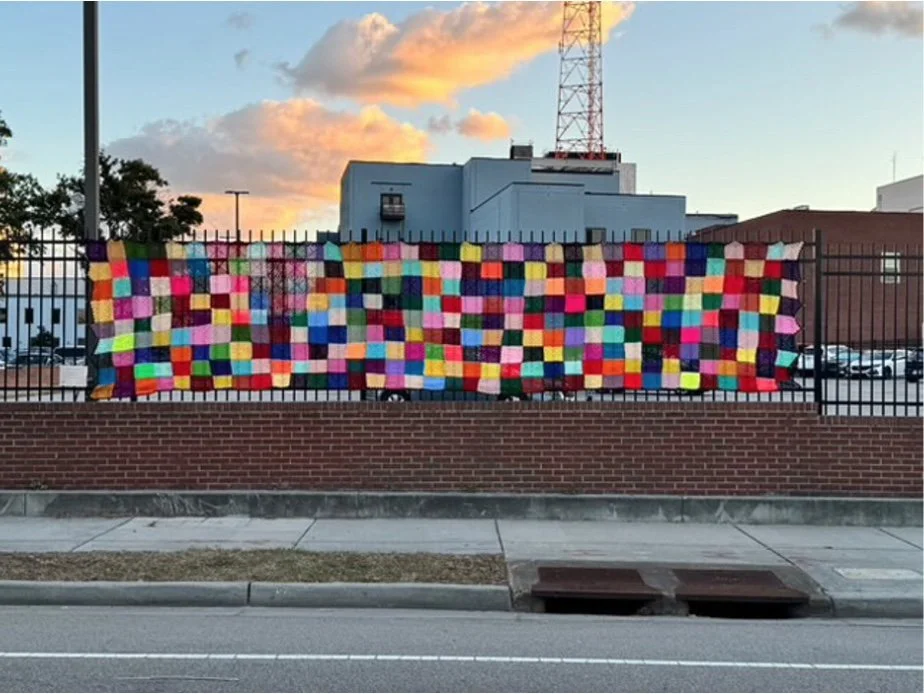 Community Crochet Mural, Acrylic fiber, 5x26ft, 2024.
