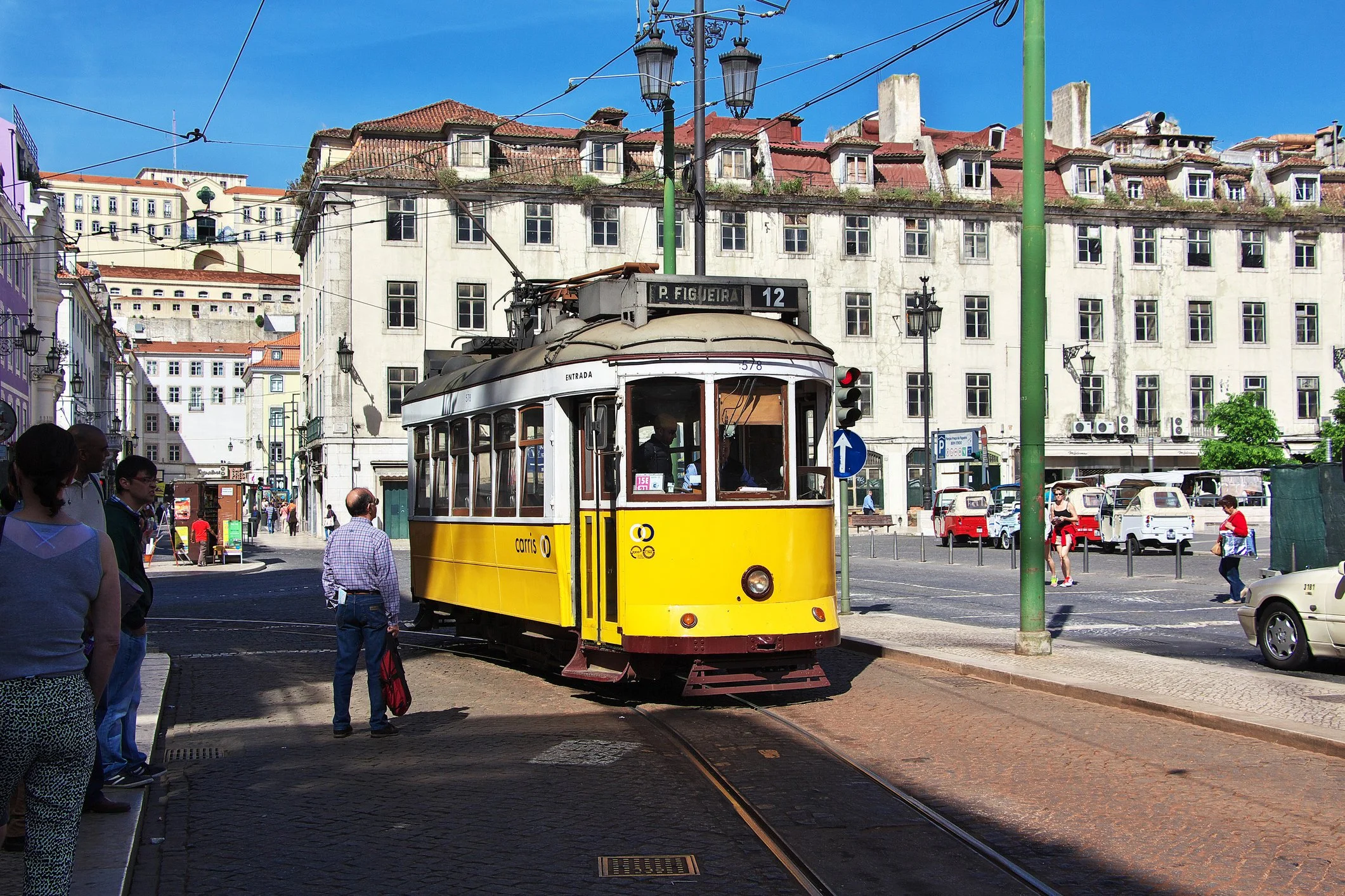 A vintage tram in Lisbon, Portugal.