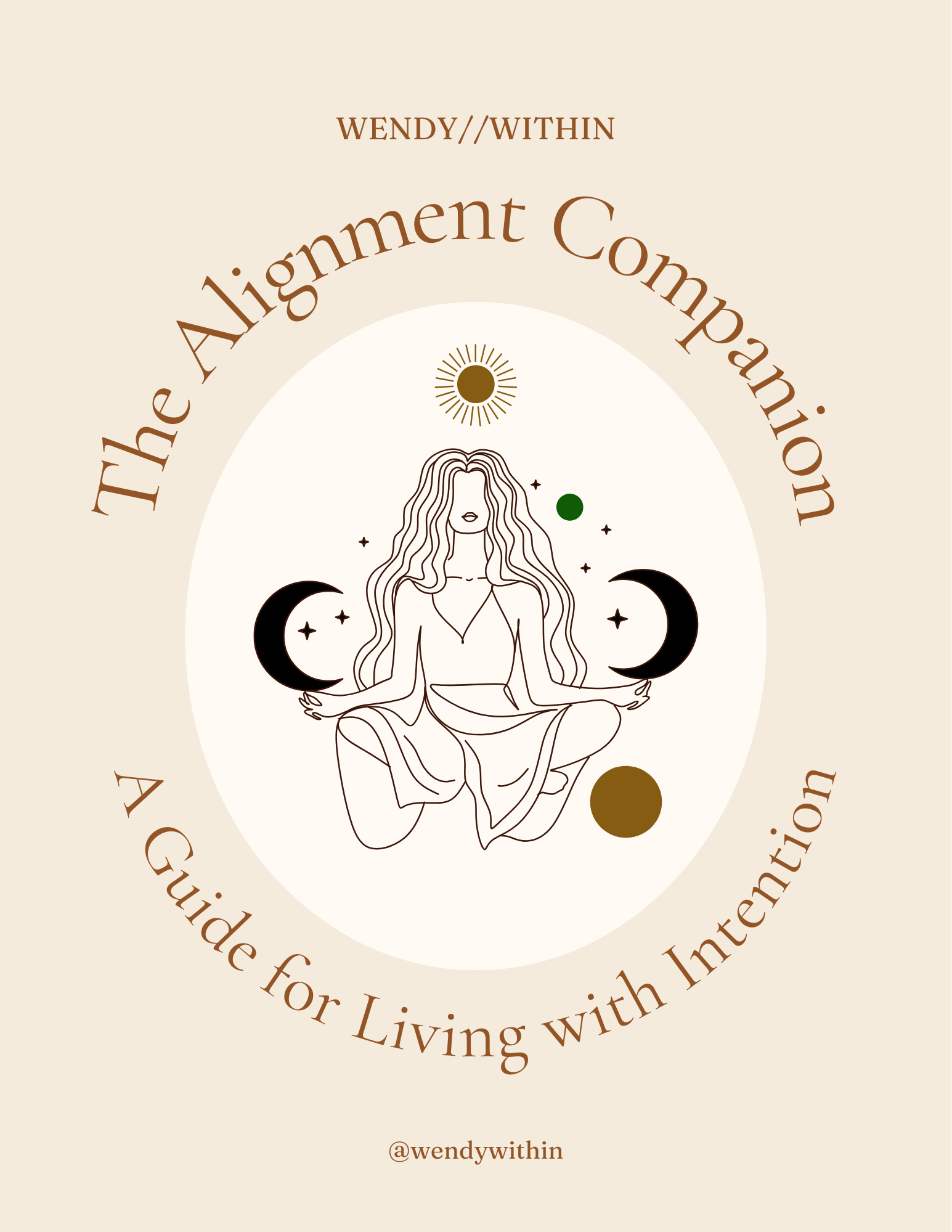 Cover of The Alignment Companion digital guide featuring a minimalist celestial illustration with a seated feminine figure, moon and sun symbols, and the subtitle “A Guide for Living with Intention.”