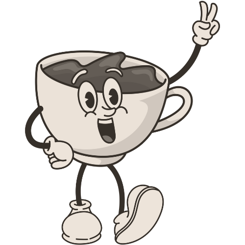 Animated coffee cup character smiling and making a peace sign with one hand.