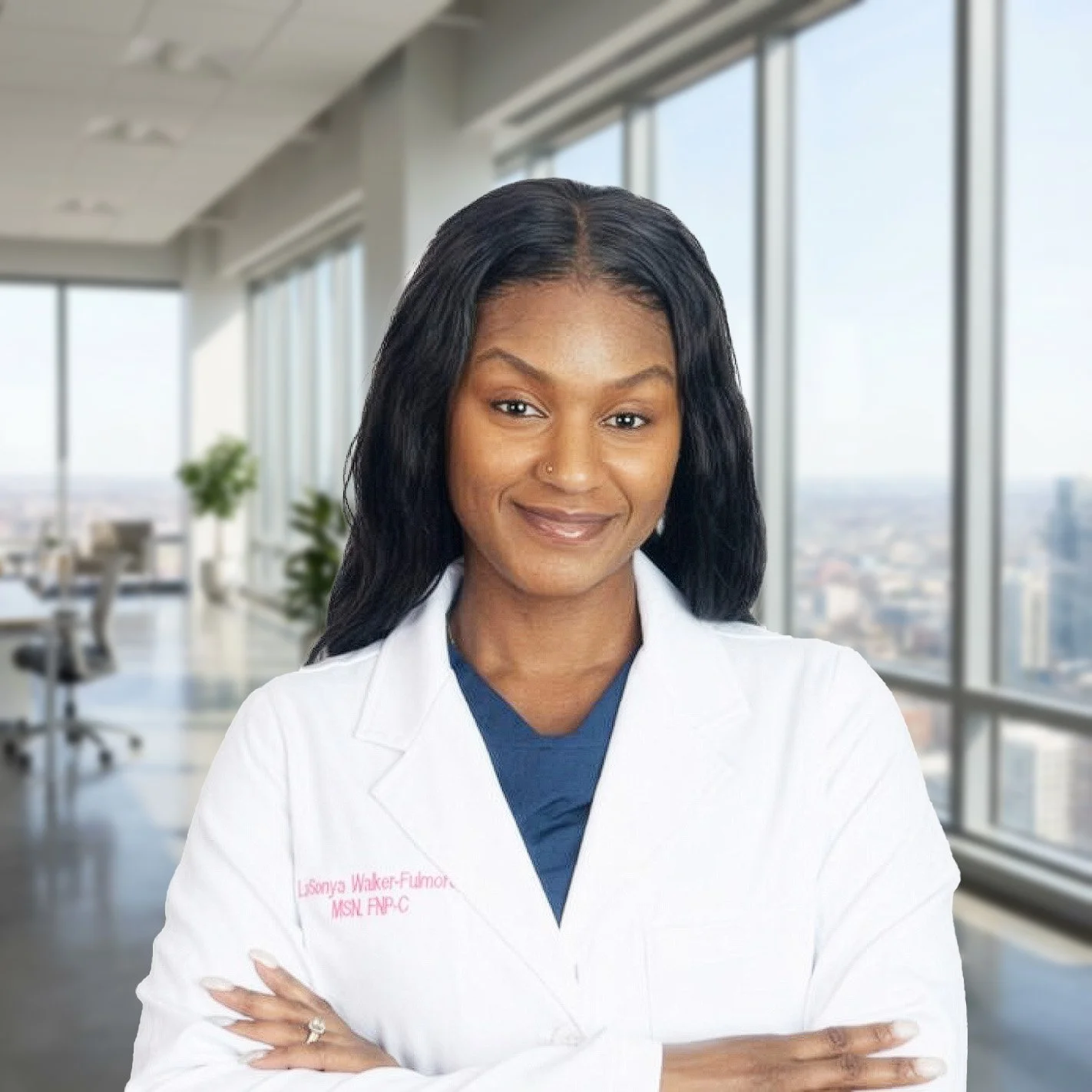 A confident African American woman wearing a white medical coat with her arms crossed, standing in a bright hospital or medical office with large windows and a city view in the background.