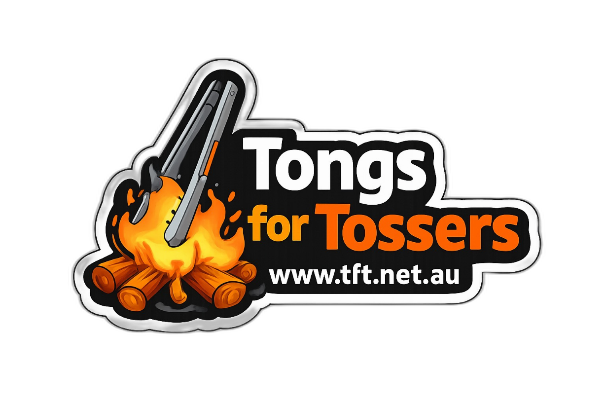 Logo for Tongs for Tossers featuring a stick with flames and logs, and the website www.tft.net.au