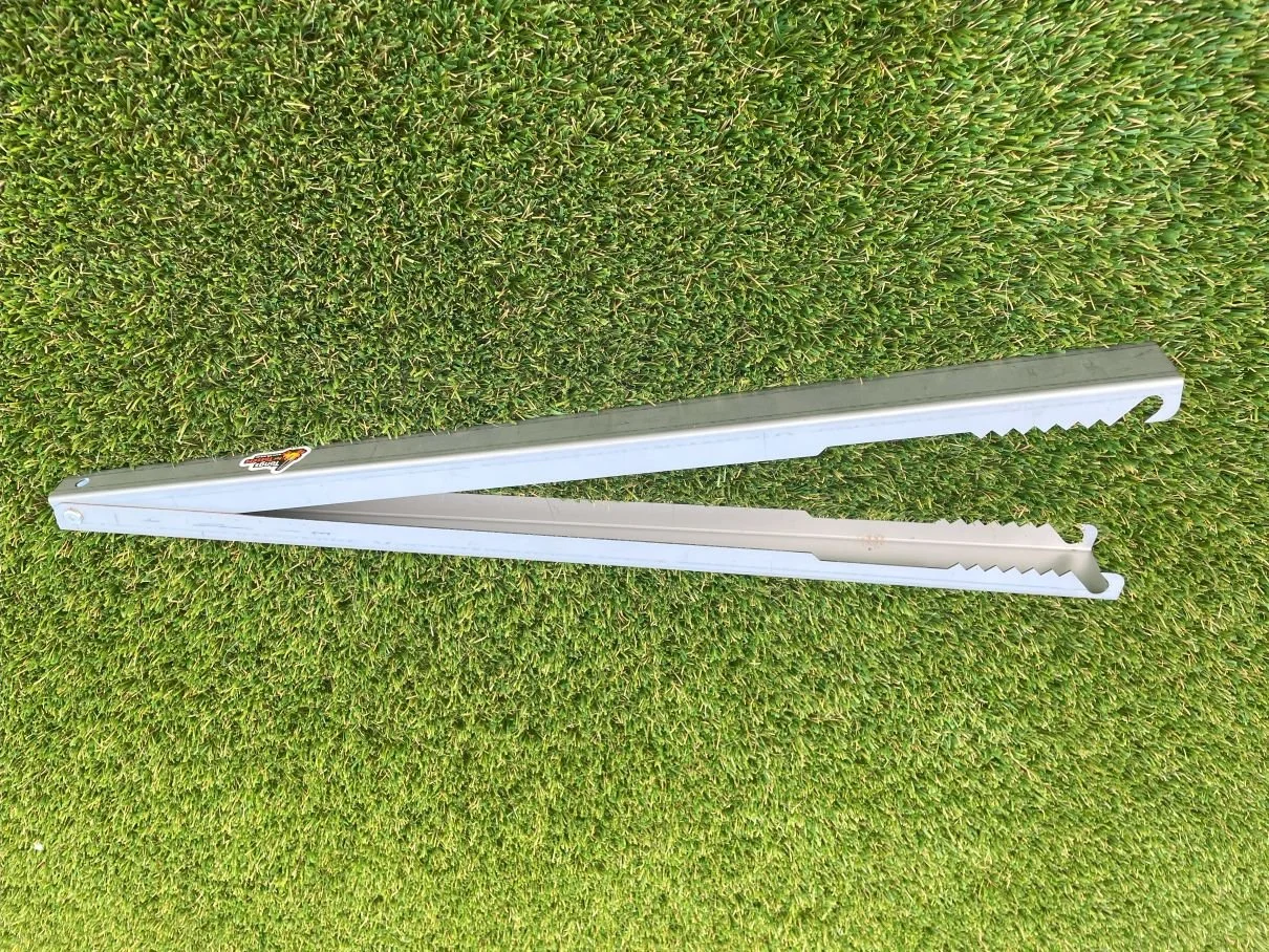 Tongs for Tossers open on the grass, steel, durable, Australian Made