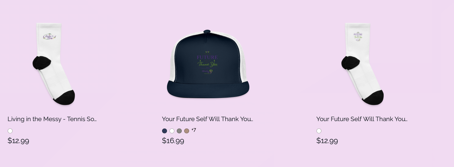 Online store display featuring white and black tennis socks priced at $12.99 on the left, a navy blue and white cap with green and purple text saying 'Your Future Self Will Thank You...' priced at $16.99 in the center, and identical socks on the right.