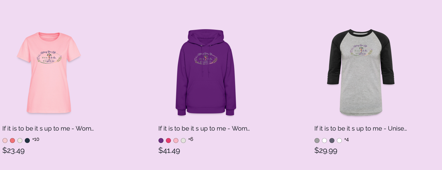 Three clothing items with matching design: a pink women's t-shirt, a purple women's hoodie, and a grey and black women's raglan shirt, each featuring a floral design and text.