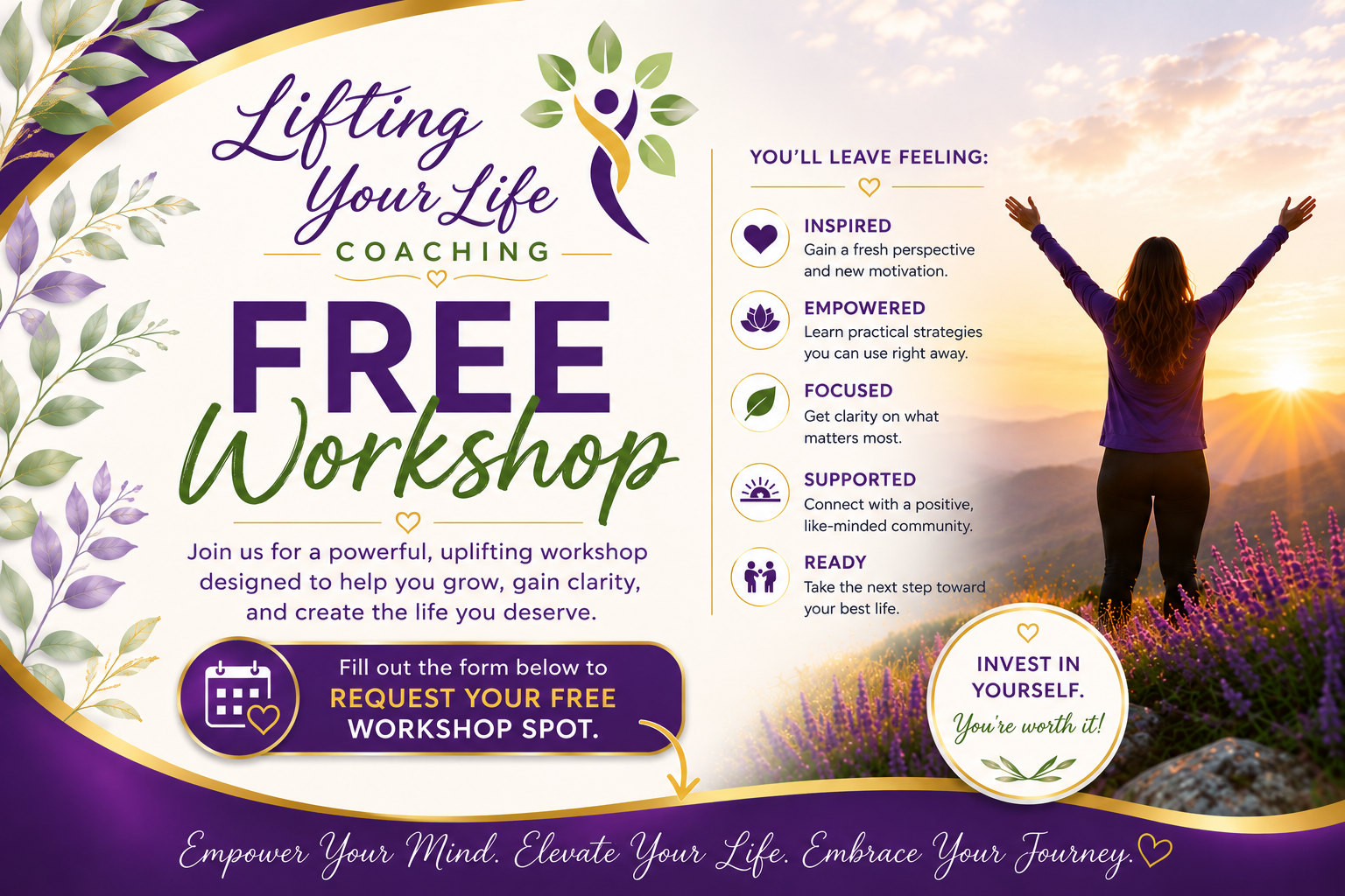 A promotional flyer for a free coaching workshop titled "Lifting Your Life" featuring a woman with arms raised at sunset in a field of purple flowers, with details about the benefits and registration information on the right side.