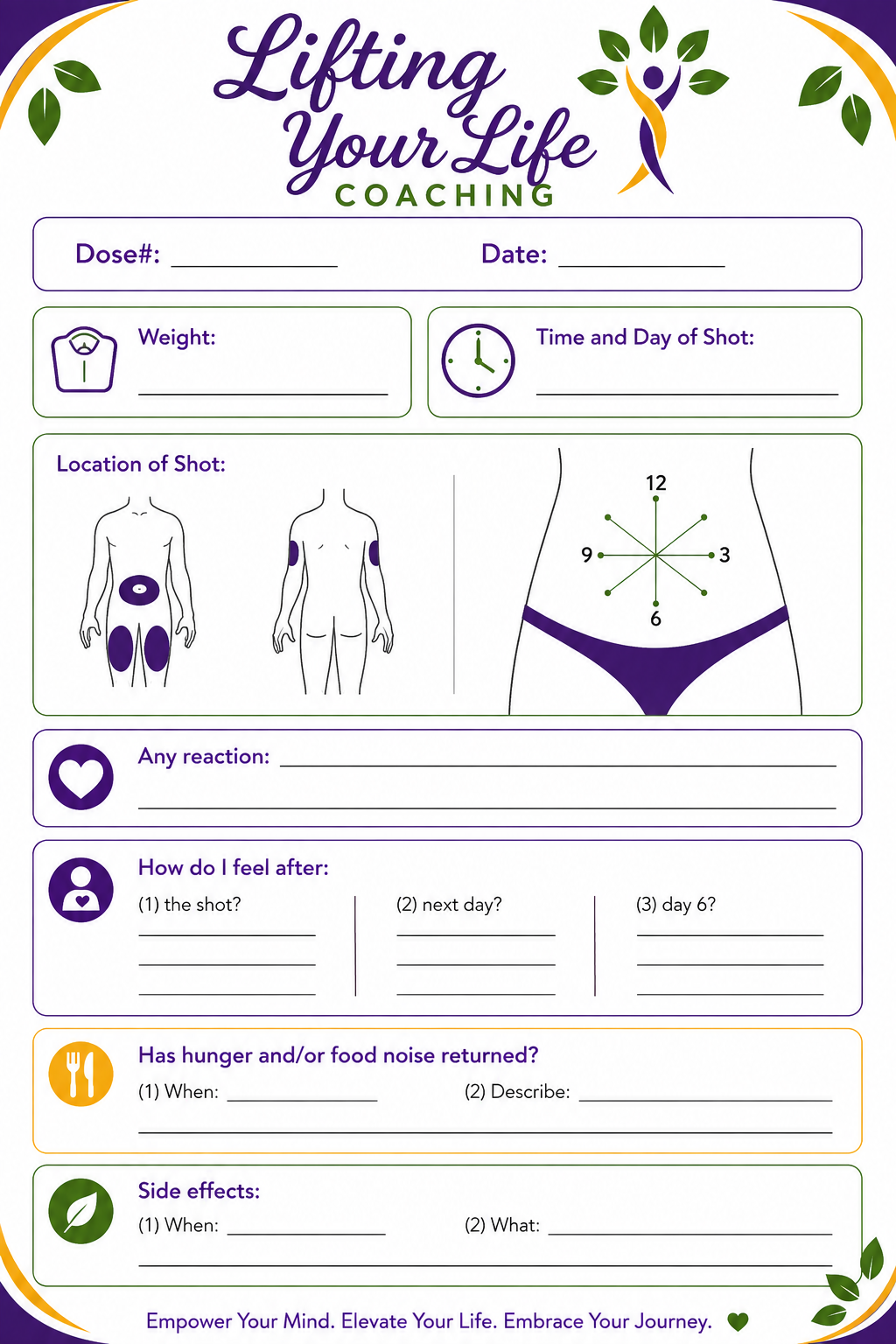 A coaching chart titled 'Lifting Your Life' with sections for recording dose number, date, weight, time and day of shot, and shot location on the body diagram. It also includes fields for reactions, feelings afterwards, hunger or food noise, and side effects. The chart features green, purple, and orange accents with decorative leaves and a figure with outstretched arms incorporated in the design.