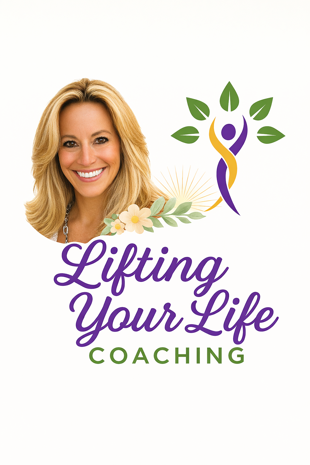 A woman with blonde hair smiling, with illustrations of leaves, flowers, and a stylized figure, and text 'Lifting Your Life Coaching' on a white background.