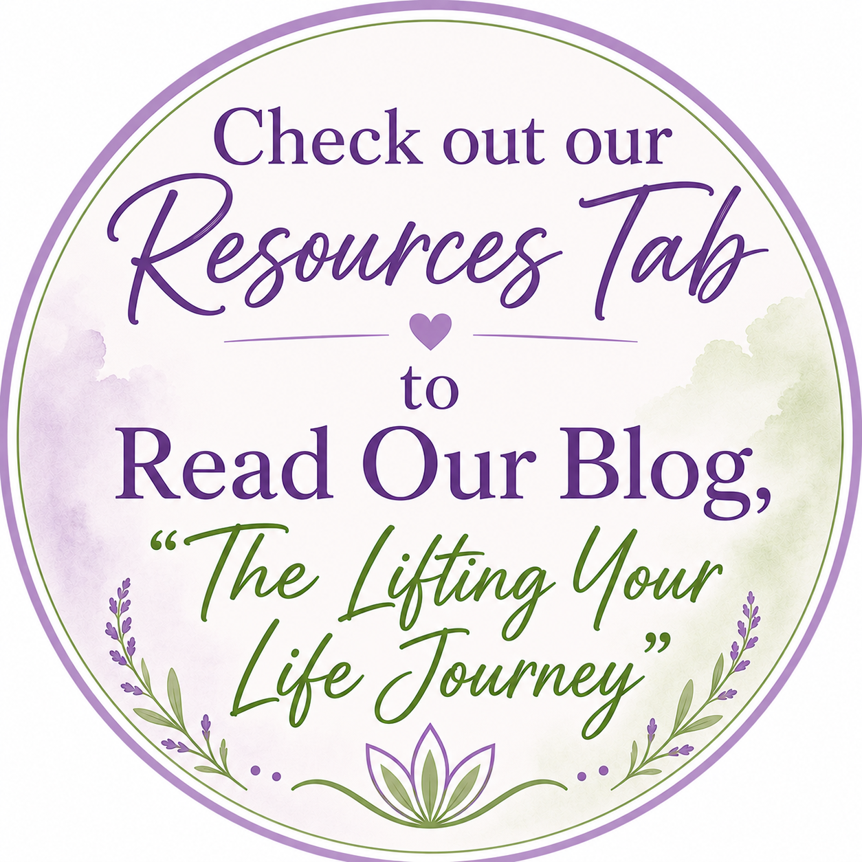 Circular graphic promoting a blog resource page titled "The Lifting Your Life Journey," featuring purple and green text and decorative botanical elements.