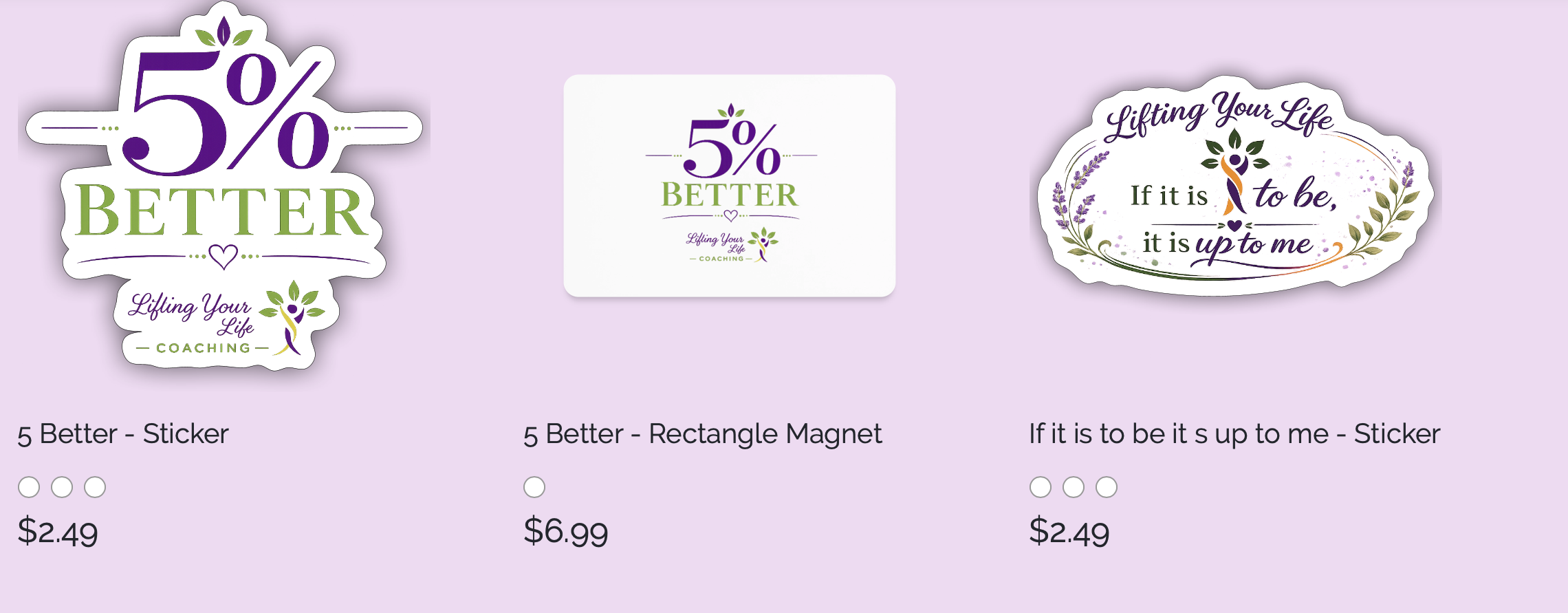 Set of three motivational stickers and magnets featuring the text '5% Better' and a quote about life improvement, with purple and green design elements.