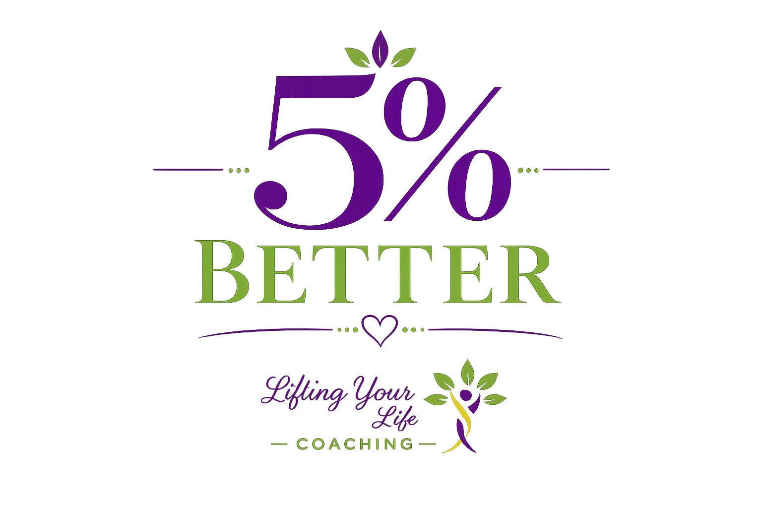 Graphic design with large purple number 50%, the words 'Better' in green, a purple and green stylized figure, and the text 'Lifting Your Life Coaching' on a dark background with neon accents.