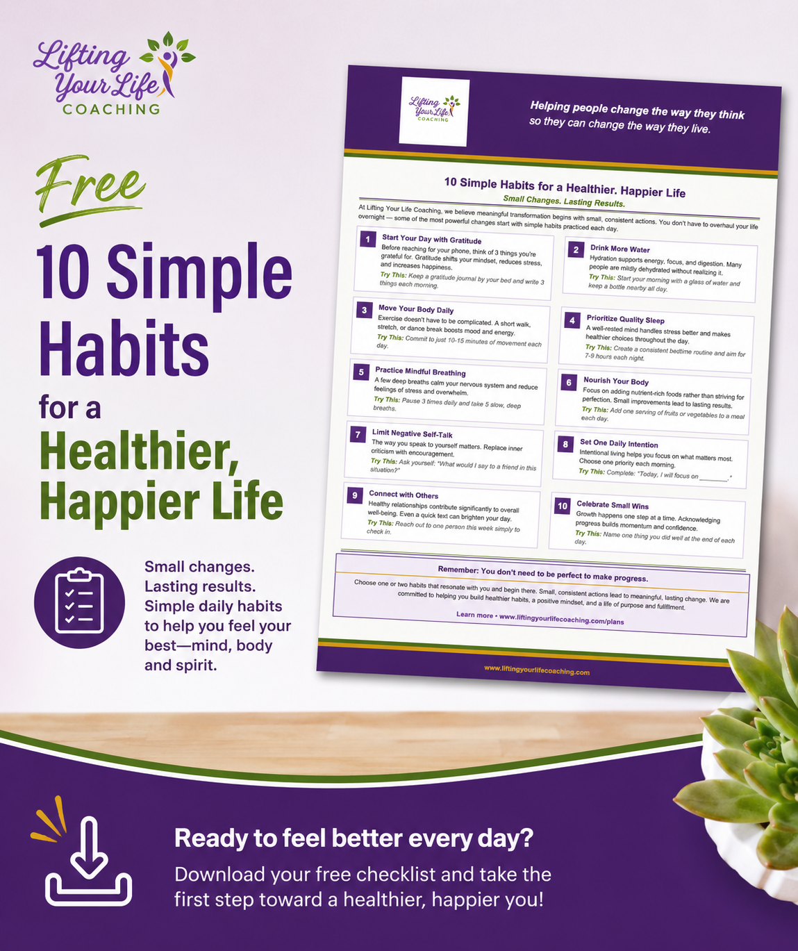 Poster titled "Free 10 Simple Habits for a Healthier, Happier Life" from Lifting Your Life Coaching, featuring a checklist of daily habits to improve well-being, with a purple and green color scheme and a small plant in the bottom right corner.