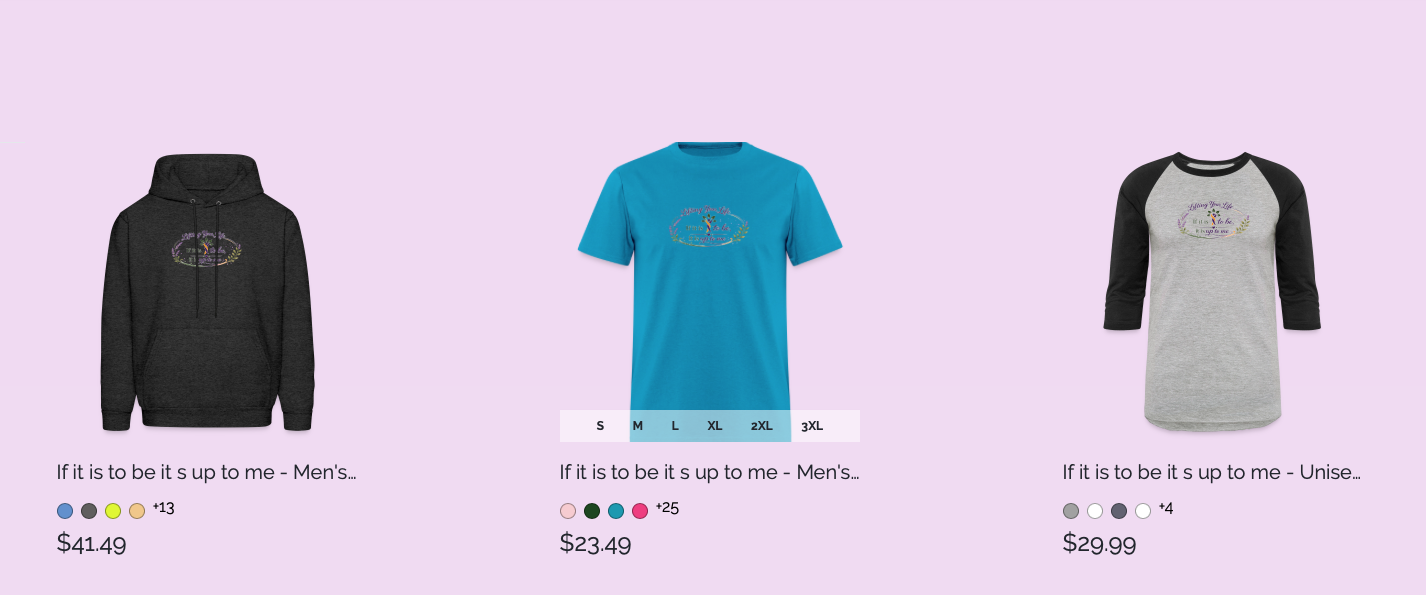 A display of three shirts against a purple background. The first is a black hoodie with a design on the chest, priced at $41.49. The second is a blue men's T-shirt with a design on the chest, priced at $23.49. The third is a gray unisex baseball tee with black sleeves and a design on the chest, priced at $29.99.