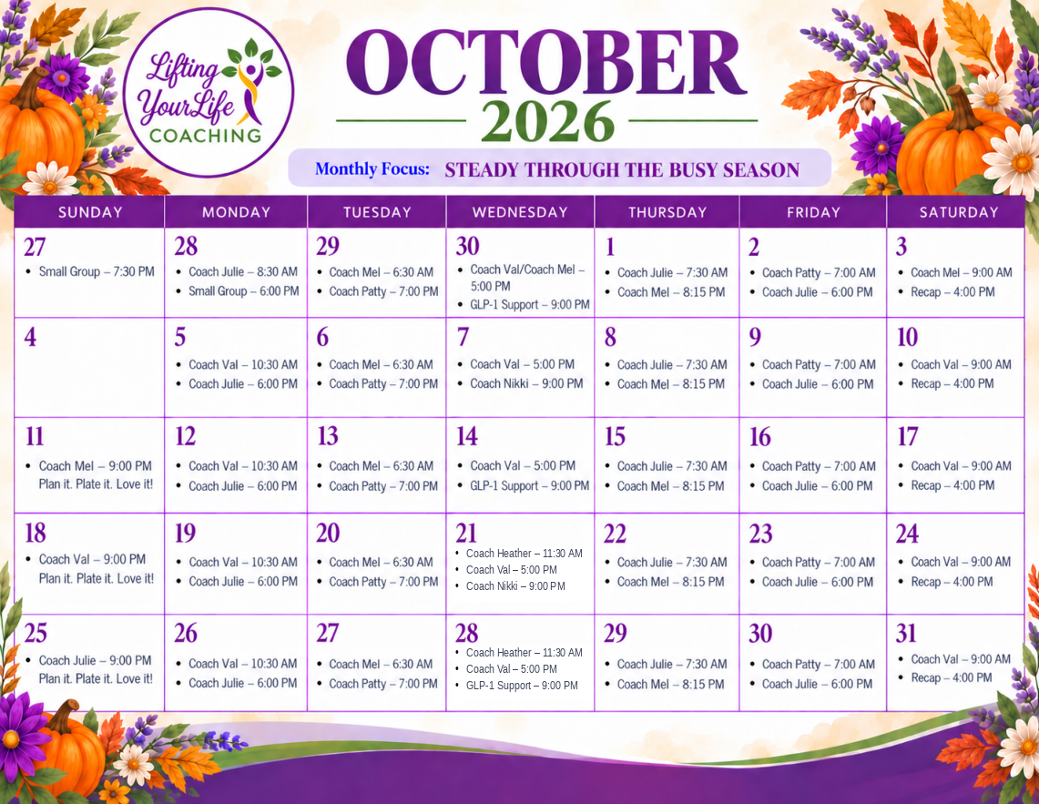 October 2026 coaching schedule calendar with floral fall decorations, pumpkins, and the 'Lifting Your Life Coaching' logo at the top left.