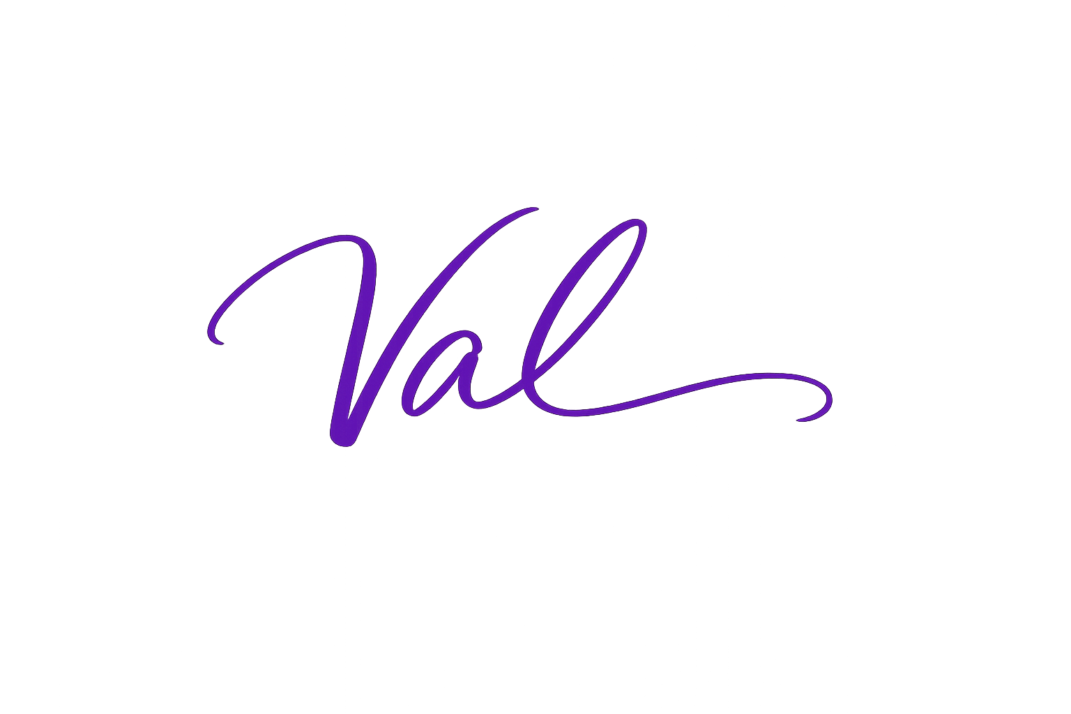 The word 'Val' written in elegant purple cursive in the center of a black background.