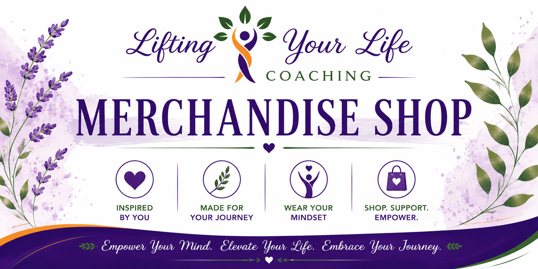 Purple and green informational banner for a coaching merchandise shop with text, icons, and floral decorations.