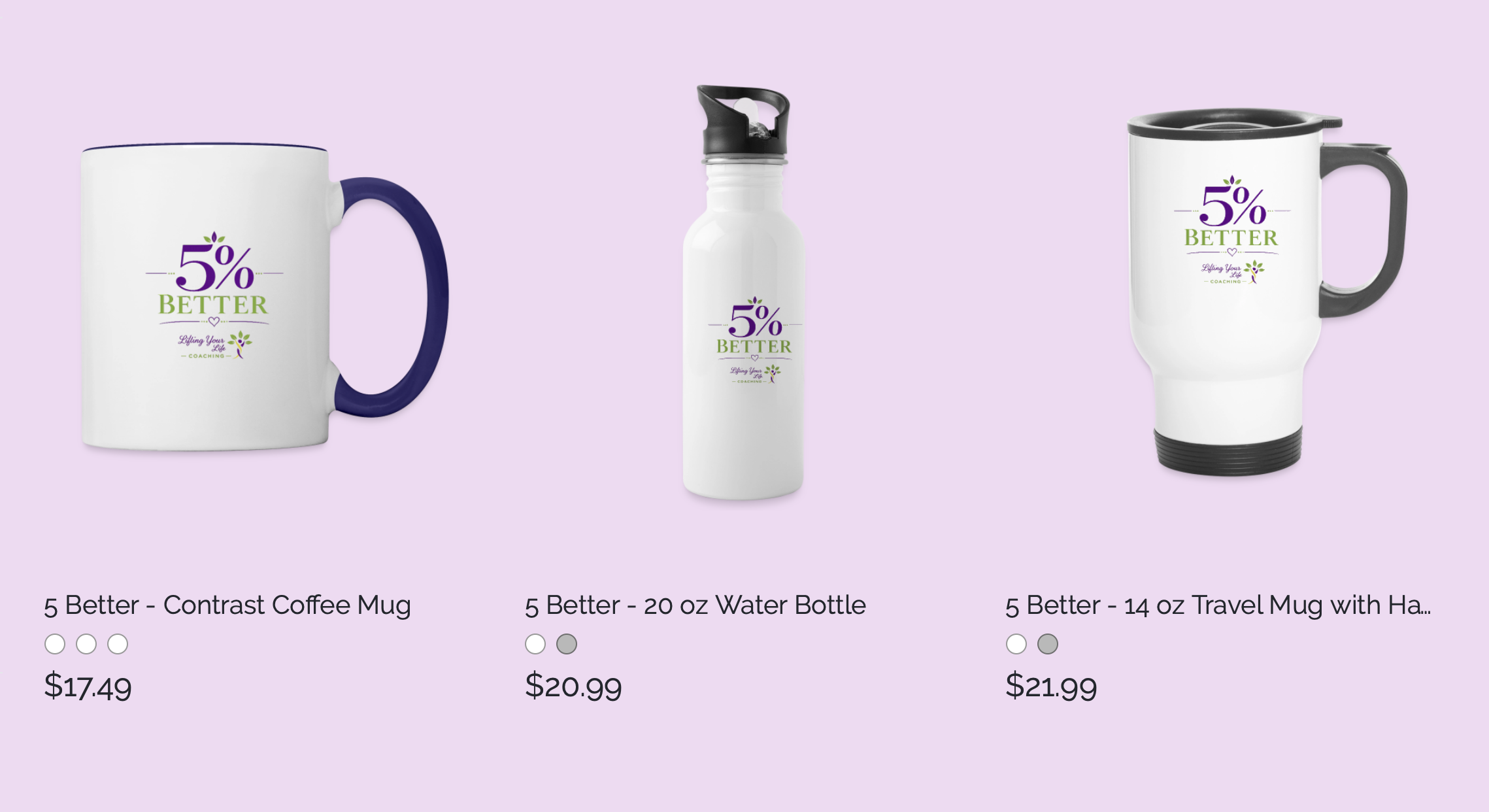 Three Becher branded drinkware items on a light purple background: a white coffee mug with a dark blue handle, a white water bottle with a black cap, and a white travel mug with a dark gray handle and lid. All feature the same logo and text reading '5% Better' and 'Lifting Your Life'.