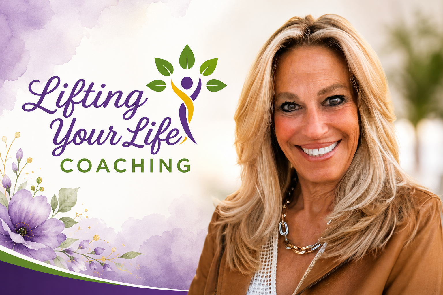A smiling woman with blonde hair wearing a brown jacket and a gold chain necklace, standing outdoors with blurred trees in the background, beside a logo for 'Lifting Your Life Coaching' with purple and green text and floral design.