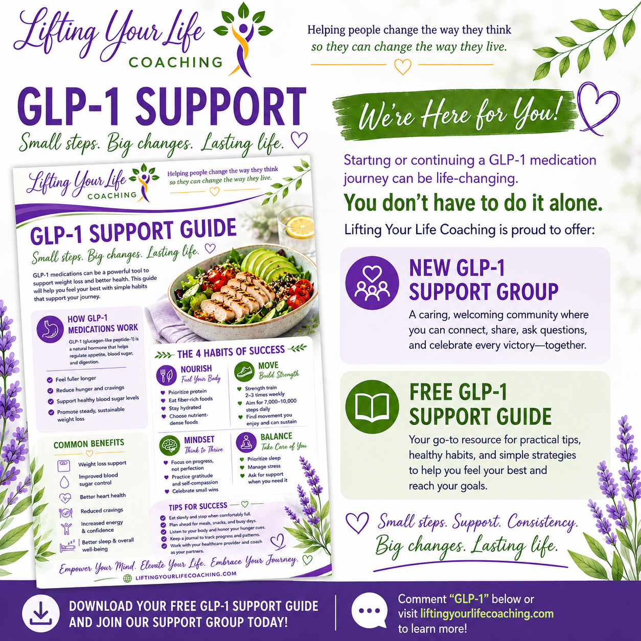 A colorful informational flyer for Lifting Your Life Coaching promoting GLP-1 support groups and resources. It includes a header with the coaching company name, a tagline about changing how people think and live, and details about support options such as a new support group and free support guide. The flyer features images of a healthy salad, lavender, and lemon water, with sections describing how GLP-1 medications work, success habits, benefits, and tips for success. The vibrant design uses green, purple, and lavender colors with decorative leaves and hearts.