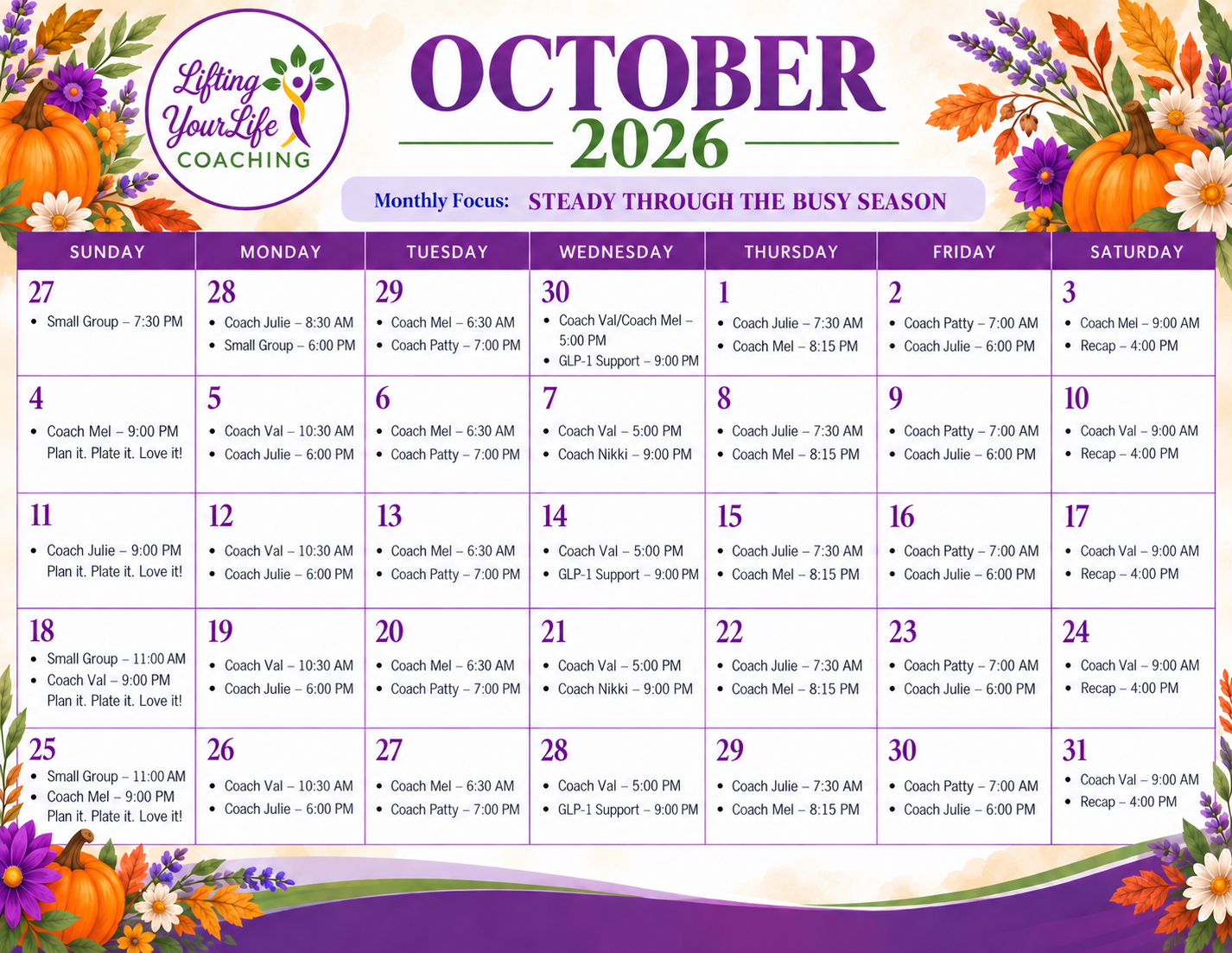 October 2026 calendar for Lifting Your Life Coaching, featuring fall-themed decorations with pumpkins, flowers, and autumn-colored leaves around the border. The schedule includes coaching sessions, support groups, and recaps across various days.