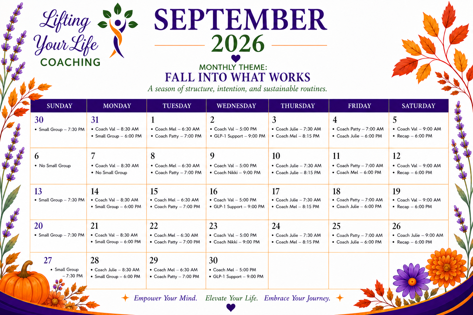September 2026 coaching schedule with weekly appointments and themes, decorated with fall-themed illustrations of pumpkins, leaves, and flowers.