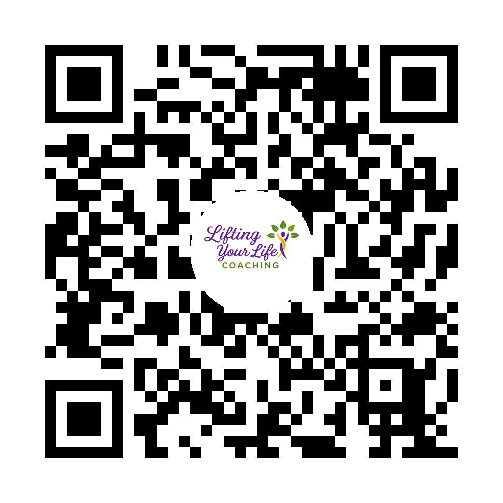 QR code with a logo in the center that says "Lifting Your Life Coaching" with a stylized person and leaves in purple and green.