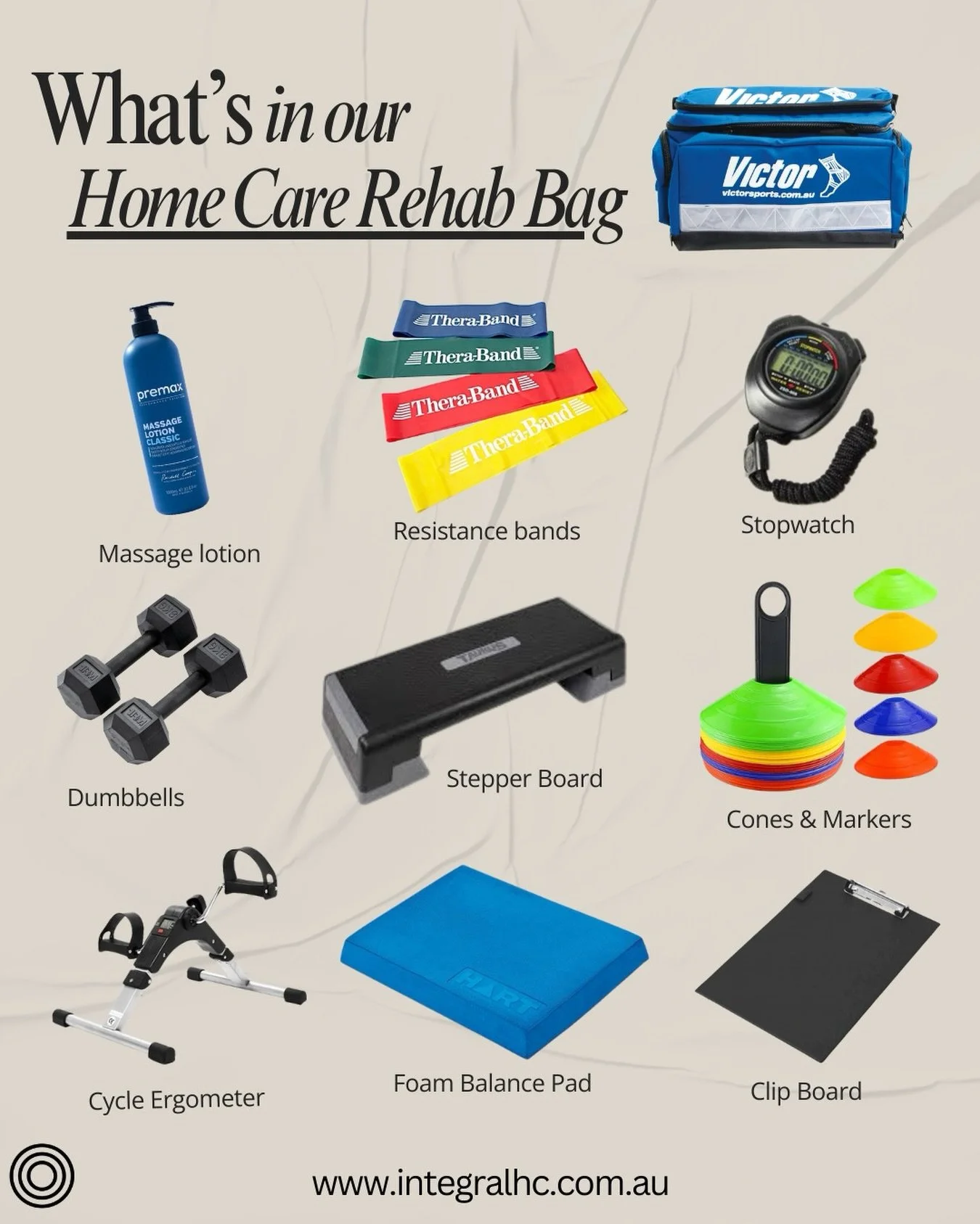 Behind every home visit is a rehab bag packed with tools to tackle any challenge.

From strength and balance training to mobility and neurological rehab, we come well prepared so our clients can keep progressing.

We do home care physiotherapy and re