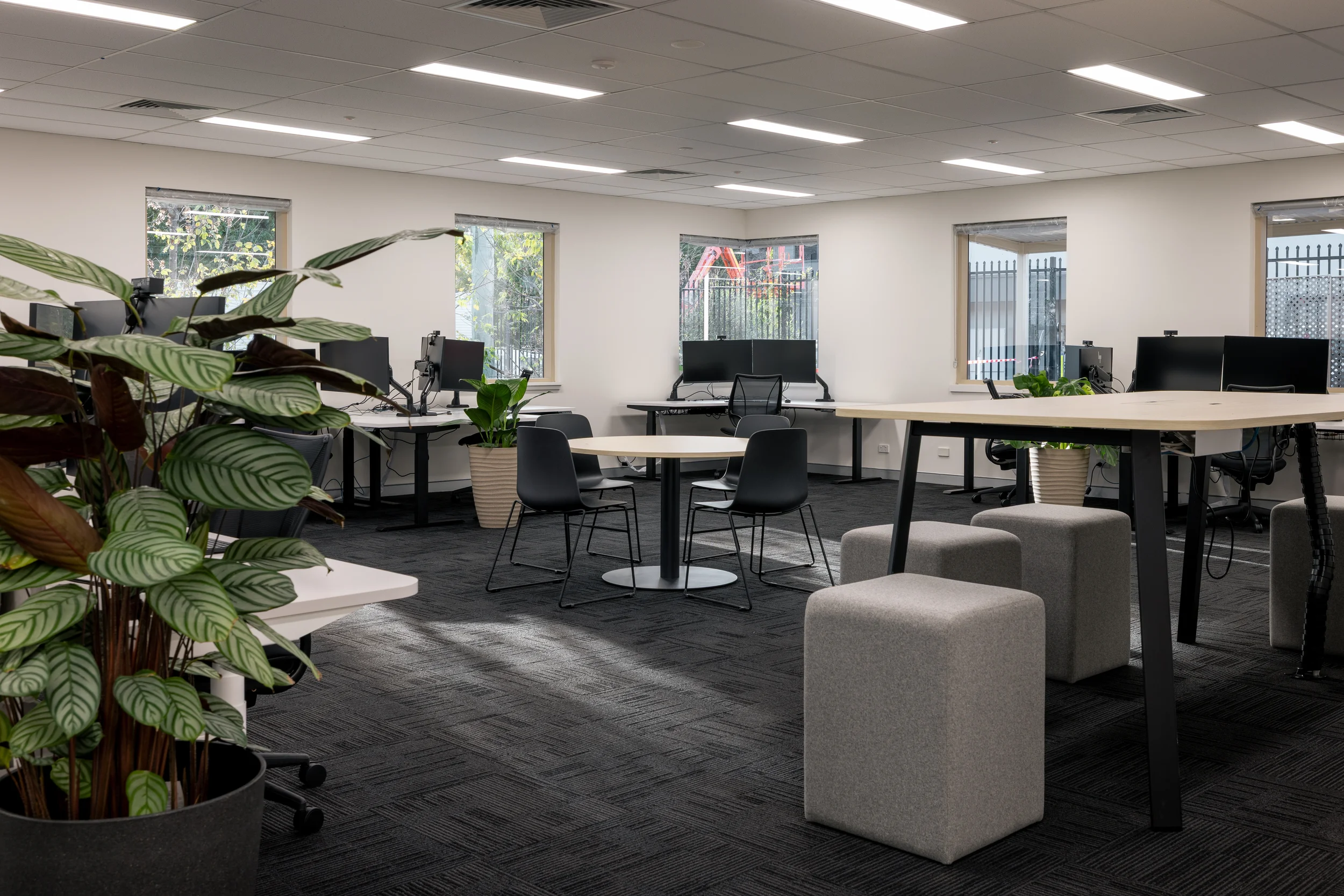 An office space with multiple desks, computer monitors, chairs, and large windows, decorated with potted plants on the furniture and around the room.